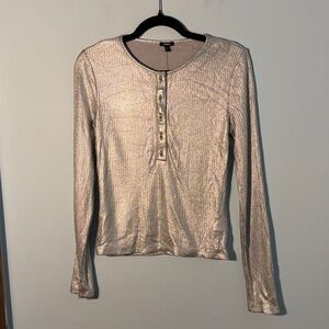 Express Silver Metallic Long Sleeve Henley Top